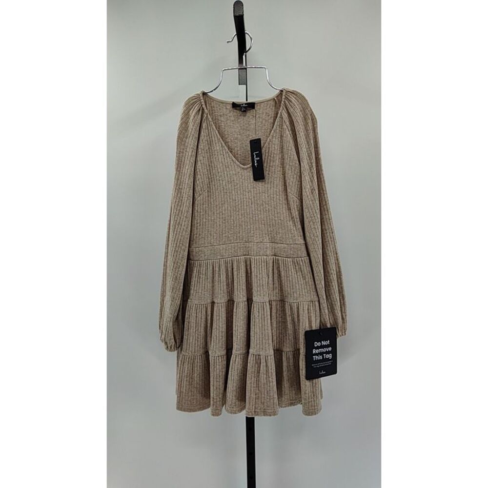 Lulus Women Adorable Option Long Sleeve Mini Sweater Dress Beige Small - Picture 2 of 3